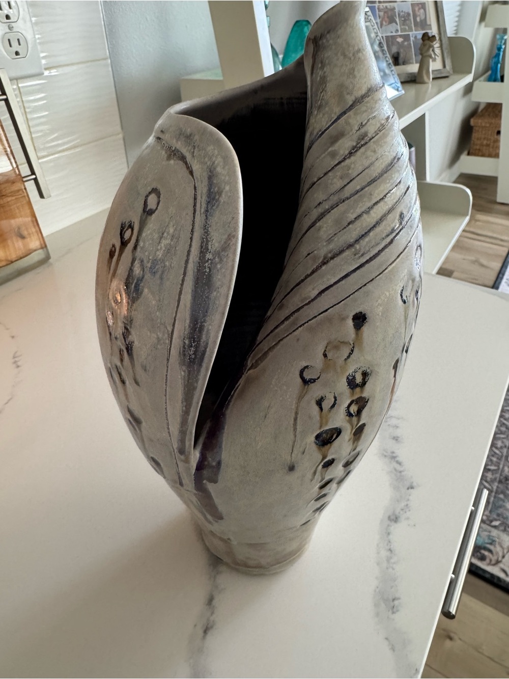 Artisan Ceramic Sculptural Vase in Cream and Gray Seashell Style Dudley smith